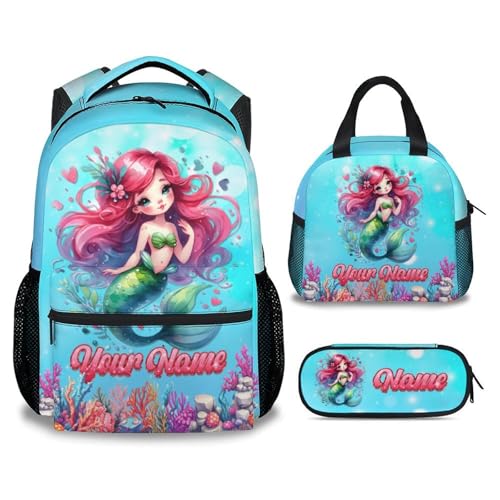 Mercuryelf Personalized Mermaid Backpack for Girls 3PCS Kids Backpack Set with Lunch Bag & Pencil Case, 17 Inch School Bookbag for Elementary Kindergarten - color: Black