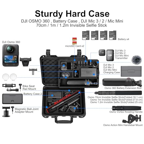 Lekufee Travel Waterproof Hard Case for DJI Osmo 360, Adventure Combo, Battery (7pcs), DJI Mic 3/2/Mic Mini, and More Accessories (Case Only)