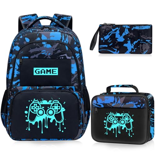 School Backpack for Boys - Game Boys Backpack for Kids Children Teens Elementary Middle School - 17″ Gamer Bookbag Travel Back Pack for Age 6-18 - color: Game003-backpack Set