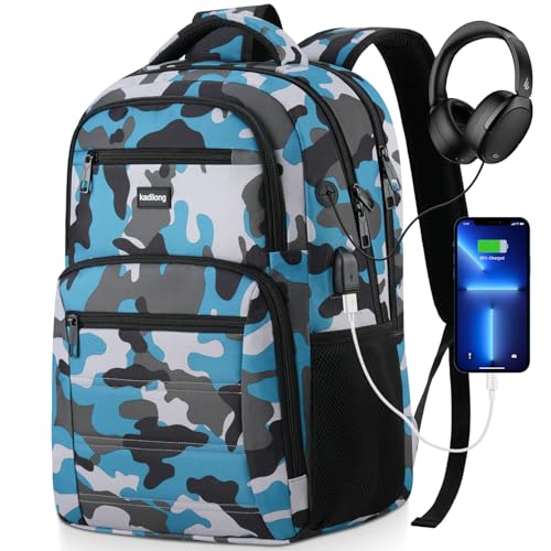 School Backpack for Teen Boys,Bookbag Back Pack for Men Business College High School with USB Port and Laptop Compartment - color: Camouflage Blue, size: 15,6 inch