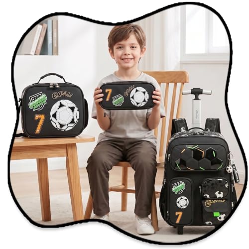 Rolling Backpacks for Boys School Backpacks with Wheels for Elementary Preschool Students Kids Travel Luggage Suitase for Boys Blake Football - color: B Black Football