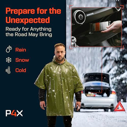 PREPARED4X Emergency Mylar Poncho – Survival Rain Poncho with Hood – Lightweight, Compact, Reusable Emergency Blanket Poncho for Hiking, Camping, Thermal Gear, Car Kit, Outdoors - color: Green 4-pack