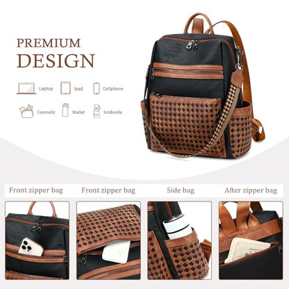 AGLOD Leather Backpack Purse for Women Designer Ladies Shoulder Bag Fashion Faux Work Travel Handbags - color: Woven Black-brown
