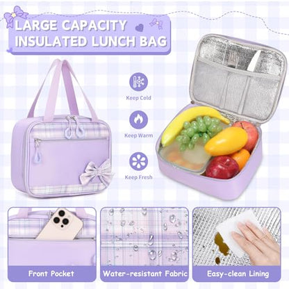 MOONBABY Girls Backpack, Kids Backpack for Girls School Bags with Lunch Bag & Pen Case, Bow Plaid Book Bag for Elementary Middle Primary High School College,Purple-3pcs - color: Purple Set