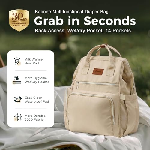 Diaper Bag Backpack, Large Capacity Baby Bag with 14 Pockets, 3 Insulated Bottle Pockets, Changing Pad, Wet/Dry Pocket, Stroller Straps and Luggage Sleeve, Unisex for Mom and Dad, 27L Beige - color: Beige, size: Large