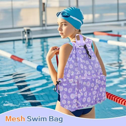 RHCPFOVR Mesh Swim Bags for Swimmers - Drawstring Backpack for Women Men Swim Team Gear Beach Gym Bag Sports - color: Purple Flowers, style: Purple Flowers