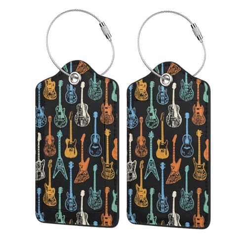 2 Pack Luggage Tags for Suitcase Leahter Colorful Guitar Luggage Tag with Privacy Flap,Name ID Label and Metal Loop for Women Men Girls Baggage Bag Backpack Instrument - color: Guitar