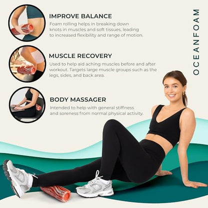 Oceanfoam Ripple Travel Foam Roller (11" x 3.35") Firm Mini Foam Roller for Physical Therapy, Deep Tissue Massage, Back Pain - High Density, Ergonomic Wave Textured - Yoga, Exercise (Orange Marbled)