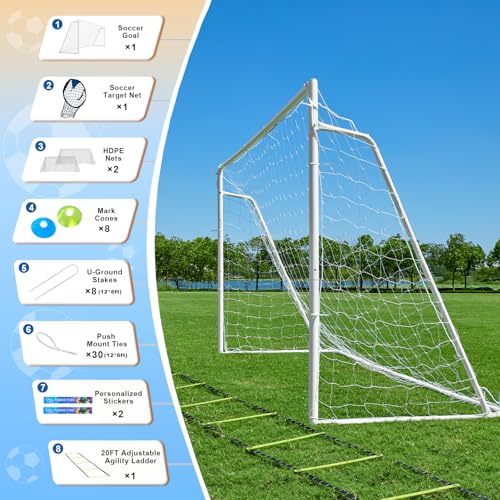 Soccer Goals for Backyard Soccer Goal 12x6 Big 10x6.5 8x6 6x4FT Soccer Goals for Youth Adults and Kids Large Metal 2" Goal Post with Agility Ladder and Target Net Soccer Cones Practice Equipment - style: 12×6 FT