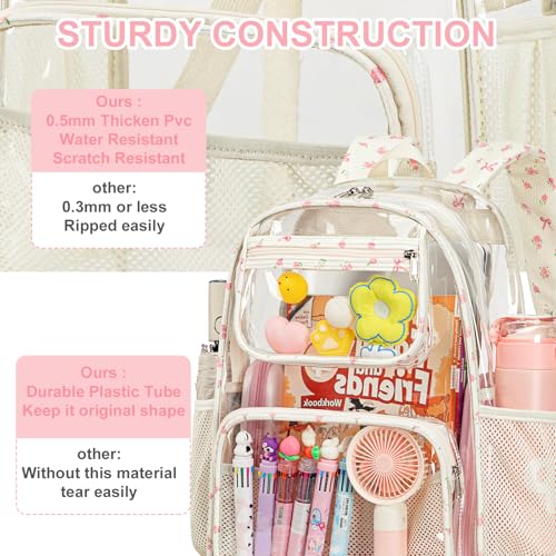Bluboon Clear Backpack Heavy Duty Kids Boys Clear Bookbag See Through Backpacks with Pencil Case for College Work - color: Pink Bow 212-beige