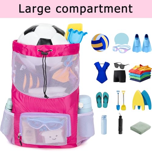 Swim Bag for Kids Mesh Beach Backpack for Girls Lightweight Drawstring Beach Bag Swimming Pool Sports Gym String Bag (Purple) - color: Purple
