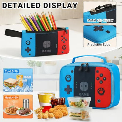 TILYTADLY School Backpack for Boys - 4PCS Gamer Boys Backpack with Lunch Box Set for Elementary Middle School - Students Bag for Ages 6-18,18″ Video Game Bookbag Travel Back Pack - color: Red-blue Backpack Set