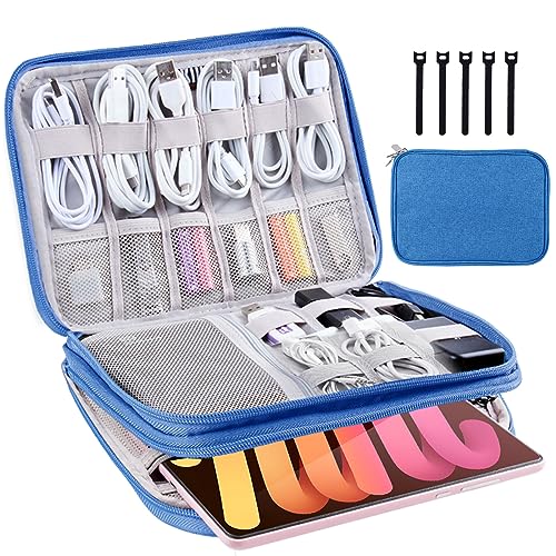 Electronics Organizer - Travel Cable Organizer Bag, Water Resistant Double Layers Pouch for Cord, iPhone, iPad Mini - Gift for Men Electronic Accessories Storage Case with 5 Cable Ties, Blue - color: Blue