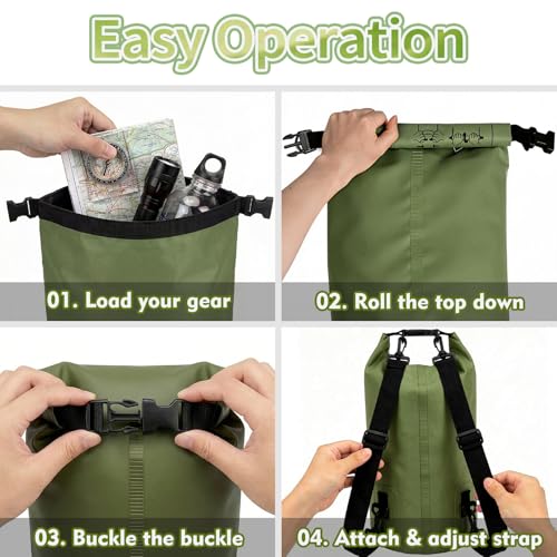 Waterproof Backpack 10L, Roll Top Water Proof Dry Bag Army Green, Floating Dry Bag for Kayaking Camping Boating, Lightweight Hiking Backpack with 7" Black IPX8 Waterproof Phone Case - color: Army green dry bag 10L + Phone pouch 7"