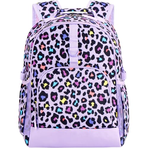 Choco Mocha Kids Backpack for Girls Cheetah Backpack Kids Elementary School Backpack for Girls Ages 6-8 Kid Bookbag 17 Inch with Chest Strap, Purple - color: Leopard Print-purple