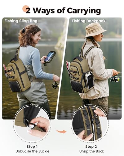 MATEIN Fishing Sling Bag with Lure Rod Holder & Phone Pouch, Waterproof 3600 Tackle Box Backpack with Removable Bait Binder - color: Khaki & Black