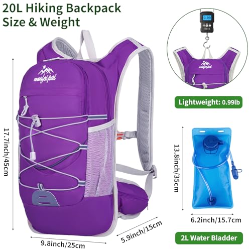 Hydration Backpack with 2L Water Bladder - 20L Water Backpack for Hiking, Cycling, Running, Biking, Lightweight Hiking Pack Bag for Women & Men with Trekking Pole Holders - color: purple with 2L water bladder