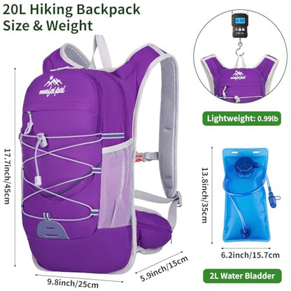 Hydration Backpack with 2L Water Bladder - 20L Water Backpack for Hiking, Cycling, Running, Biking, Lightweight Hiking Pack Bag for Women & Men with Trekking Pole Holders - color: purple with 2L water bladder
