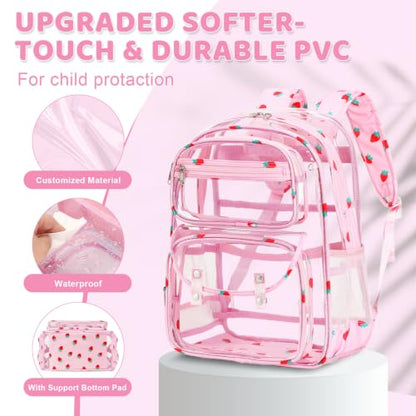 ACESAK Clear Backpack for Girls - 3 Pcs Clear Backpack Heavy Duty with Lunch Bag - See Through Bookbag Stadium Approved for Kids Middle High College School(Pink Strawberry) - color: Pink Strawberry