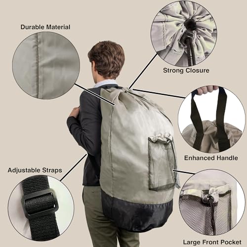 Laundry Bag Backpack with Shoulder Straps and Mesh Pocket Laundry Backpack Large Portable Laundry Hamper for College Laundromat Apartment with Drawstring Closure, Adjustable Back Straps (Khaki) - color: Khaki