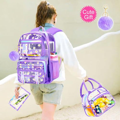 KLFVB Transparent Backpack Heavy Duty, 3PCS Girls See Through School Bag Set, Cute Clear Bookbag for Women - Chrysanthemum Purple - color: Chrysanthemum Purple Clear Backpack