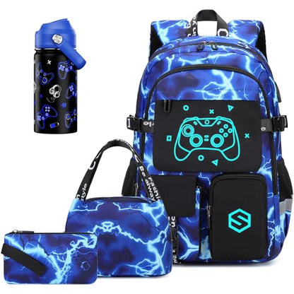 Scothen Boys Backpack, Cool Luminous Gamer School Backpacks for Boys with 14oz Insulated Water Bottle Lunch Bag Pencil Case, Kids Backpack Book Bags for Kindergarten Elementary Middle School - color: Lightning-blue