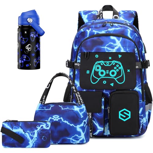 Scothen Boys Backpack, Cool Luminous Gamer School Backpacks for Boys with 14oz Insulated Water Bottle Lunch Bag Pencil Case, Kids Backpack Book Bags for Kindergarten Elementary Middle School - color: Lightning-blue