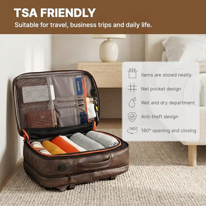 Travel Backpack for Men Women, PU Leather Carry On Backpack Flight Approved with Laptop Compartment, 40L Expandable Personal Item Travel Bag for Traveling Weekender Business (Coffee) - color: Coffee