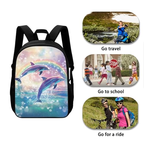 Rainbow Dolphin Backpack for Girls Kids School Backpack Set with Lunch Box Pencil Case Water Bottle Holder Trendy Backpack 4 in 1 Set for Elementary Middle School Students Gifts - color: Rainbow Dolphin