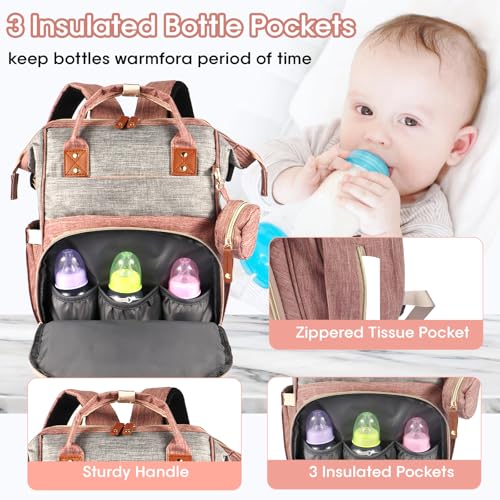 MosaiRudo Diaper Bag Backpack Baby Bag,Waterproof, Travel Diaper Bags with Pacifier Case for Baby Girl Boy Backpack for Women (Pink-Gray) - color: Pink-gray