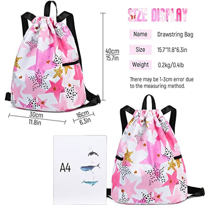 Waterproof Drawstring Bag, Drawstring Backpack, Gym Bag Sackpack Sports Backpack for Women Girls Stars Pink - color: Star Pink