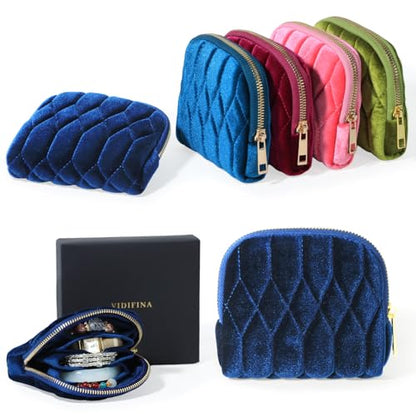 Travel Jewelry Case,Small Travel Jewelry Bag with Zipper, 5-Layer Velvet Organizer Pouch for Bracelet Rings Earrings - Diamond Stitched Velvet Navy Blue - color: NavyBlue