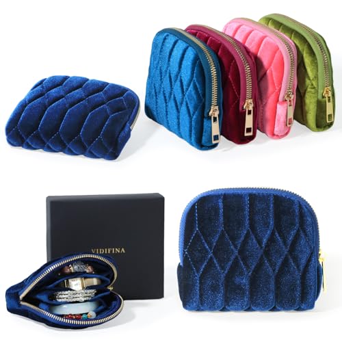 Travel Jewelry Case,Small Travel Jewelry Bag with Zipper, 5-Layer Velvet Organizer Pouch for Bracelet Rings Earrings - Diamond Stitched Velvet Navy Blue - color: NavyBlue
