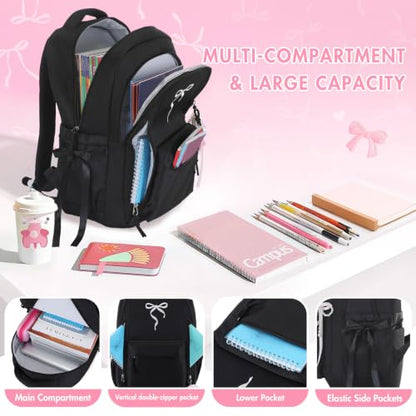 Kids Backpack for Girls - 3PCS Cute Embroidered Bow Girls Backpack with Insulated Lunch Bag & Pencil Case - Bookbag for Teen Women Middle High School College Work Travel Daypack - color: Black
