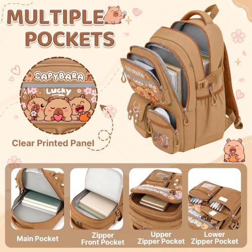 Capybara Backpack for Girls, 4 PCS Capybara Backpack with Lunch Box Set, Cute Kawaii Large Laptop Bookbag, School Bag for Elementary Kids & Teens - color: Capybara
