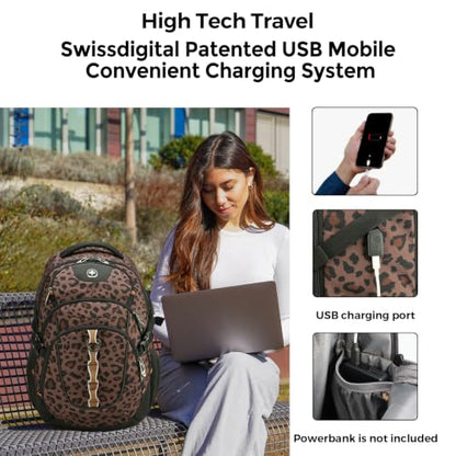 Swissdigital Design Backpack for Men with USB Charging Port SD803-103 - color: Brown Leopard