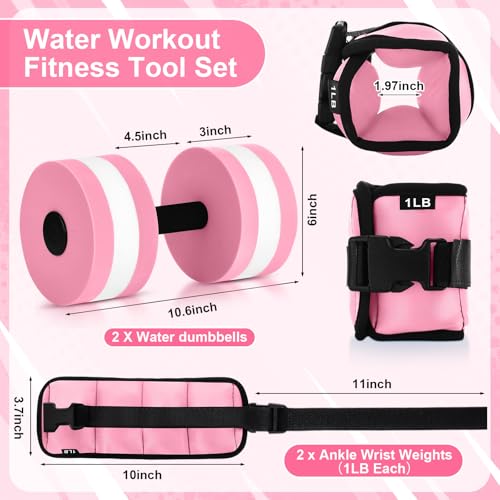 Hollowfly Water Aerobics Set, 4 Piece Pool Exercise Kit (2 Aquatic Dumbbells + 2 Ankle/wrist Weights), EVA Foam, Low-impact Workout - color: Pink, size: 1lb