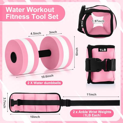 Hollowfly Water Aerobics Set, 4 Piece Pool Exercise Kit (2 Aquatic Dumbbells + 2 Ankle/wrist Weights), EVA Foam, Low-impact Workout - color: Pink, size: 1lb
