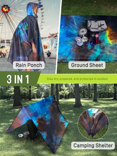 SaphiRose Extra Thick Hooded Rain Poncho Double Layer Waterproof Raincoat Jacket for Men Women Adults - color: Universe Galaxy