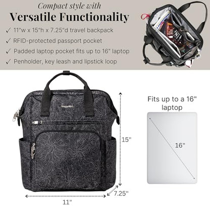 Baggallini Securtex Anti-Theft Windsor Backpack for Travel, Work & College, RFID & Locking Zipper, Up to 16" Laptop - color: Midnight Blossom Print