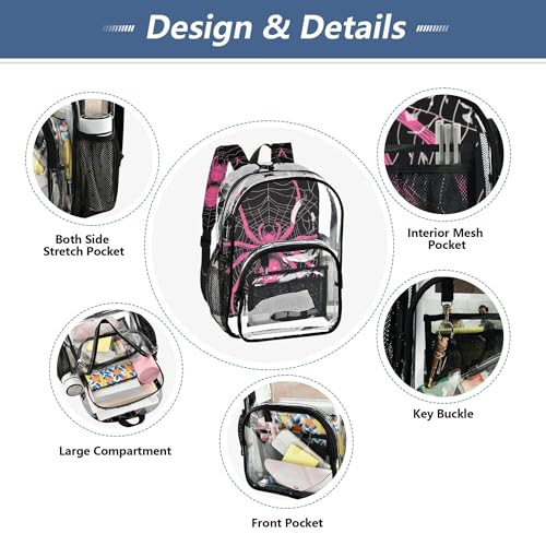Pink Spider and Spider Web on Black Clear Backpack PVC Transparent Backpack Lightweight Book Bags Capacity Clear Bag for Boys Girls - color: Charcoal Grey