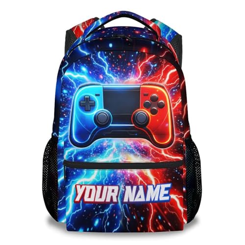 Custom Gamer Backpack for Boys - Personalized 17 Inch Kids Toddlers Bookbag, Lightweight Large Capacity Schoolbag for School Travel Camping - color: Gold