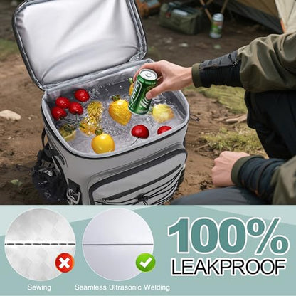 Large 52cans Cooler Backpack, Insulated, Waterproof, Leak Proof, 30L Large Capacity - color: Grey, Black Zipper