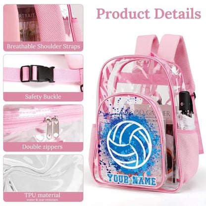 Custom Volleyball Clear Backpack Heavy Duty for Girls Kids Boys | Large Cool PVC Volleyball Theme Printing Transparent Backpacks for Schools Stadium Concerts Work - Clear/Pink - color: Volleyball Clear Backpack 2 Pink With Front Pocket Custom