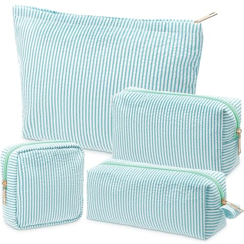 Sanwuta 4 Pcs Seersucker Pouch Cosmetic Bag Set Seersucker Makeup Bag Women Stripe Large Travel Toiletry Organizer Aesthetic Preppy Storage for Embroidery Women Bridesmaid Gifts(Light Blue) - color: Acid Blue