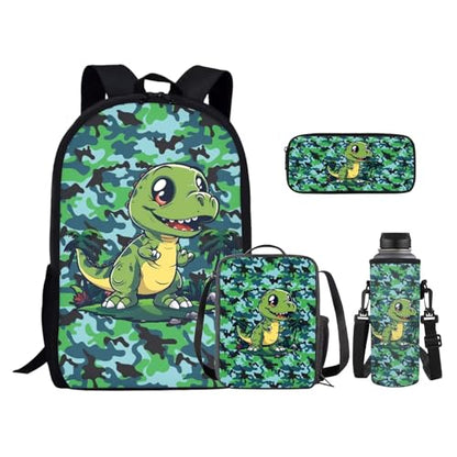 Dinosaur Camouflage Backpack for Boys Elementary Middle School Students Bookbag with Lunch Bag Pencil Case Water Bottle Holder Perfect for Student Back to School Supplies Gifts - color: Dinosaur Camouflage