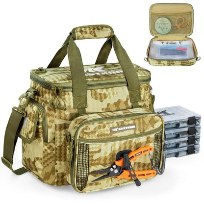 KastKing BaitSpace Fishing Tackle Bag With 4 Tackle Boxes & Removable Bait Binder, Water-Resistant Tackle Storage, Durable Fishing Gear, Adjustable Shoulder Strap - color: B: Khaki Camo, size: Medium - 4*3600 Trays