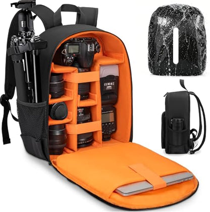 Camera Backpack for Photographers, DSLR Camera Bag, Professional Photography Case with 13.5 Inch Laptop Compartment & Tripod Holder & Waterproof Rain Cover Compatible for Sony Canon Nikon Black - color: Black Orange