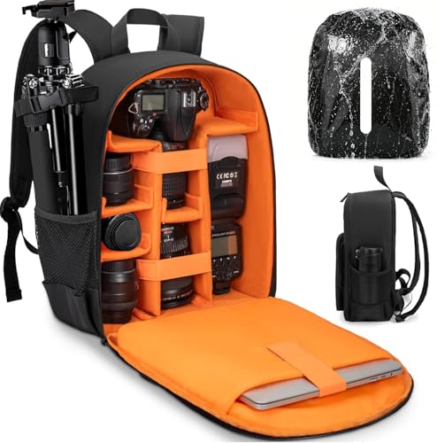 Camera Backpack for Photographers, DSLR Camera Bag, Professional Photography Case with 13.5 Inch Laptop Compartment & Tripod Holder & Waterproof Rain Cover Compatible for Sony Canon Nikon Black - color: Black Orange