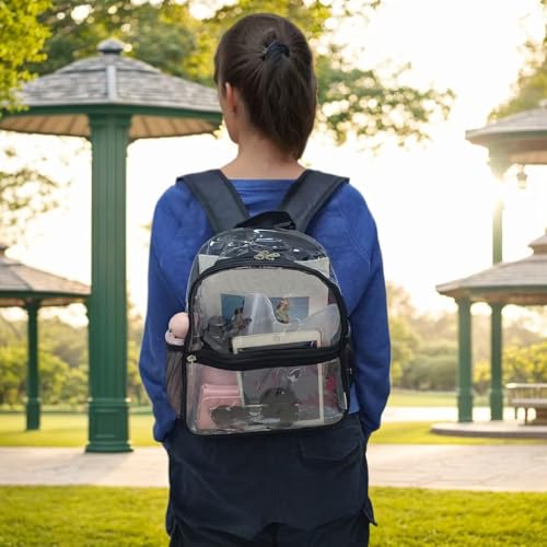 Fammart Clear Backpack Stadium Approved 12x6x12 - Kids & Small Adult Transparent Backpack for School, Work, Sports, Concerts - Clear Bag - color: Black